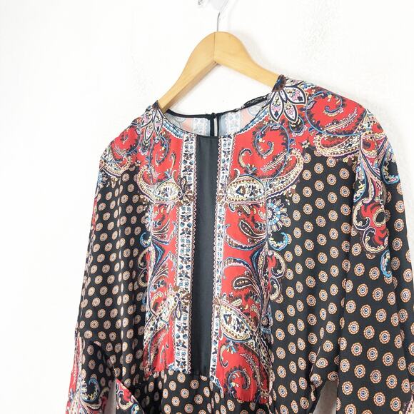 Zara Paisley Scarf Mix Print Satin Faux Wrap Mini Dress Small Boho Western - Picture 6 of 14